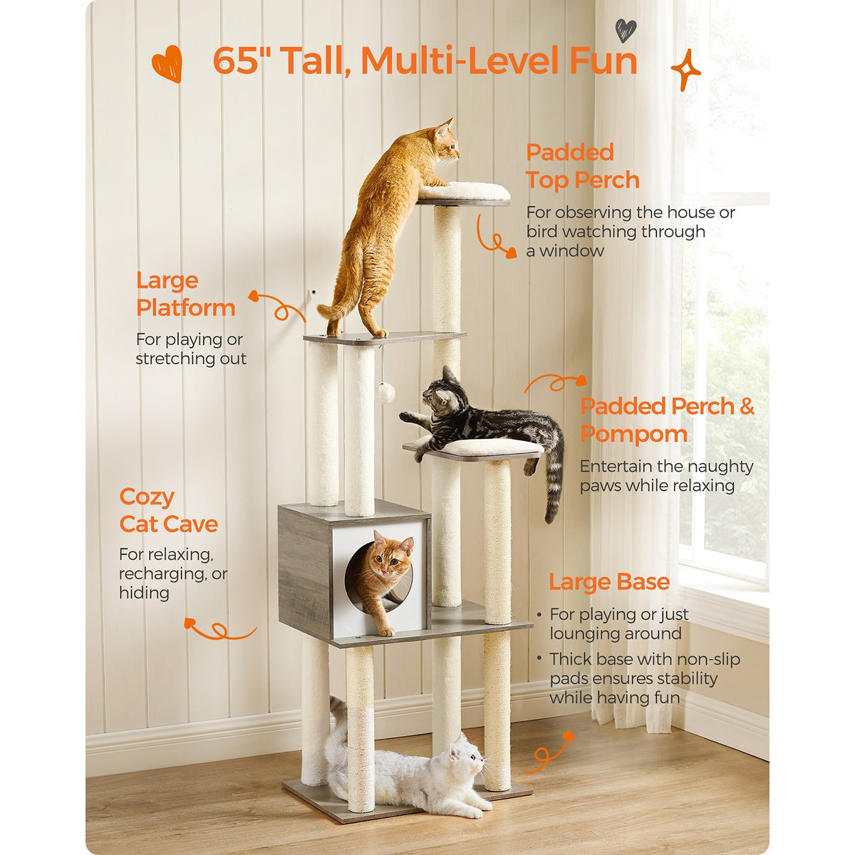 65-Inch Modern Cat Tower - Greige