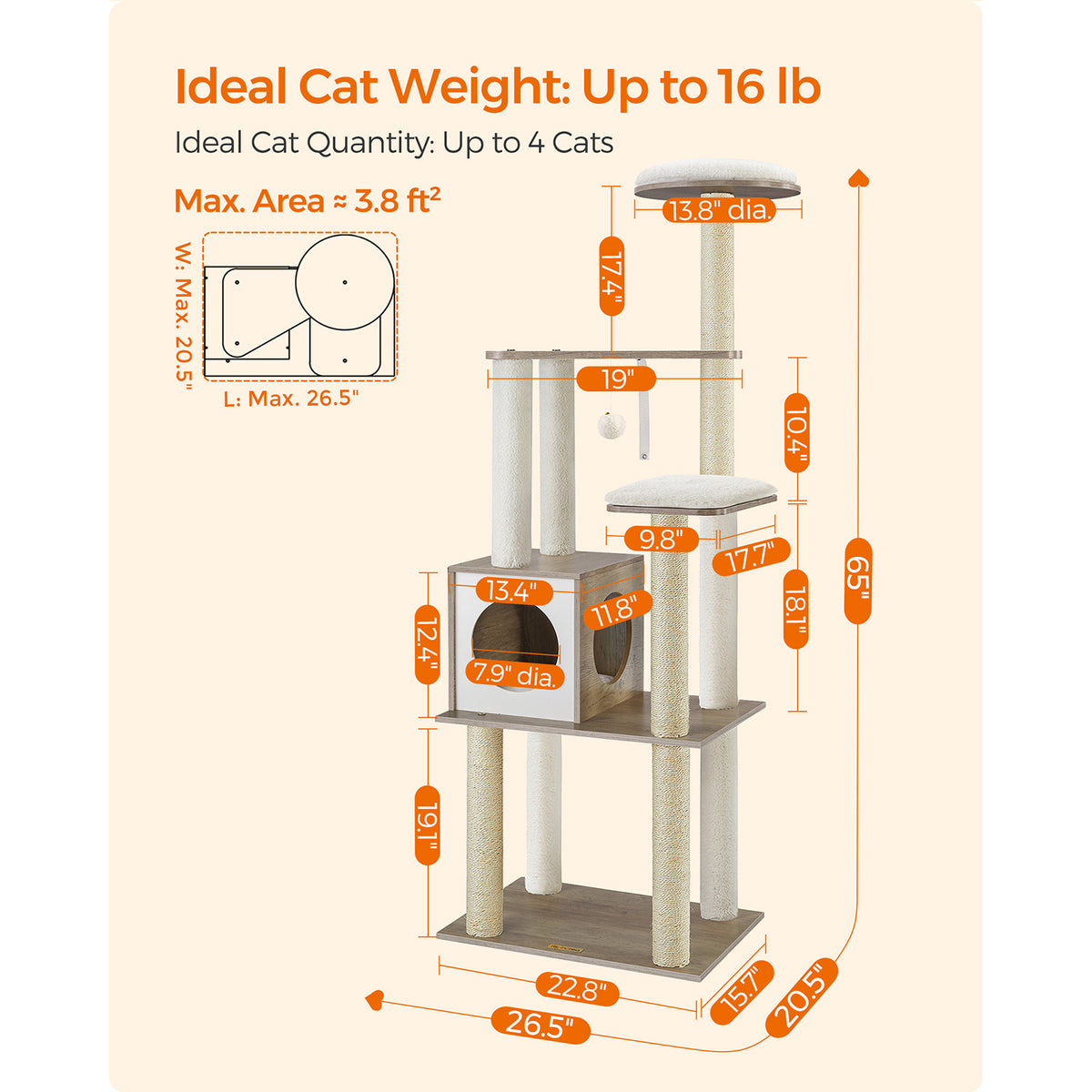 65-Inch Modern Cat Tower - Greige