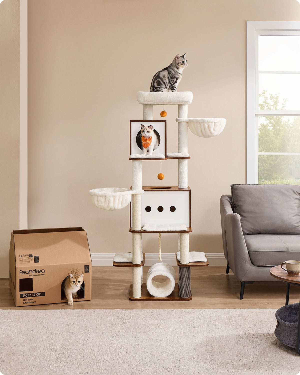 Modern Cat Tree - 77.5-Inch Tall - Multi-Level Condo
