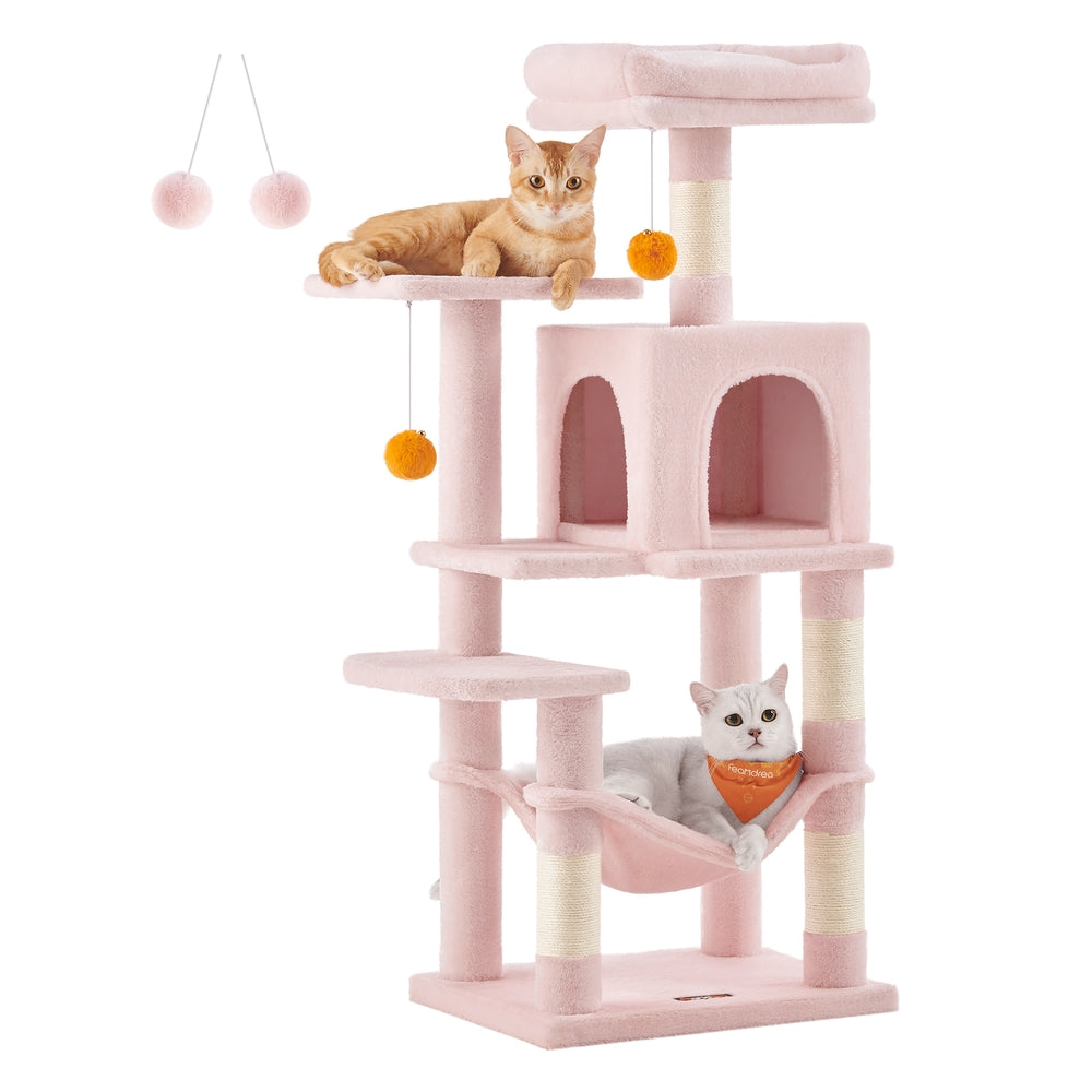 Cat Tree - 56.3-Inch Cat Tower for Indoor Cats - Multi-Level Cat Condo with 4 Scratching Posts Beige - Jelly Pink - 17.7"L x 13.8"W x 44.1"H