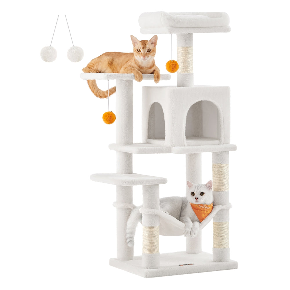 Cat Tree - 56.3-Inch Cat Tower for Indoor Cats - Multi-Level Cat Condo with 4 Scratching Posts Beige - Cream White - 17.7"L x 13.8"W x 44.1"H