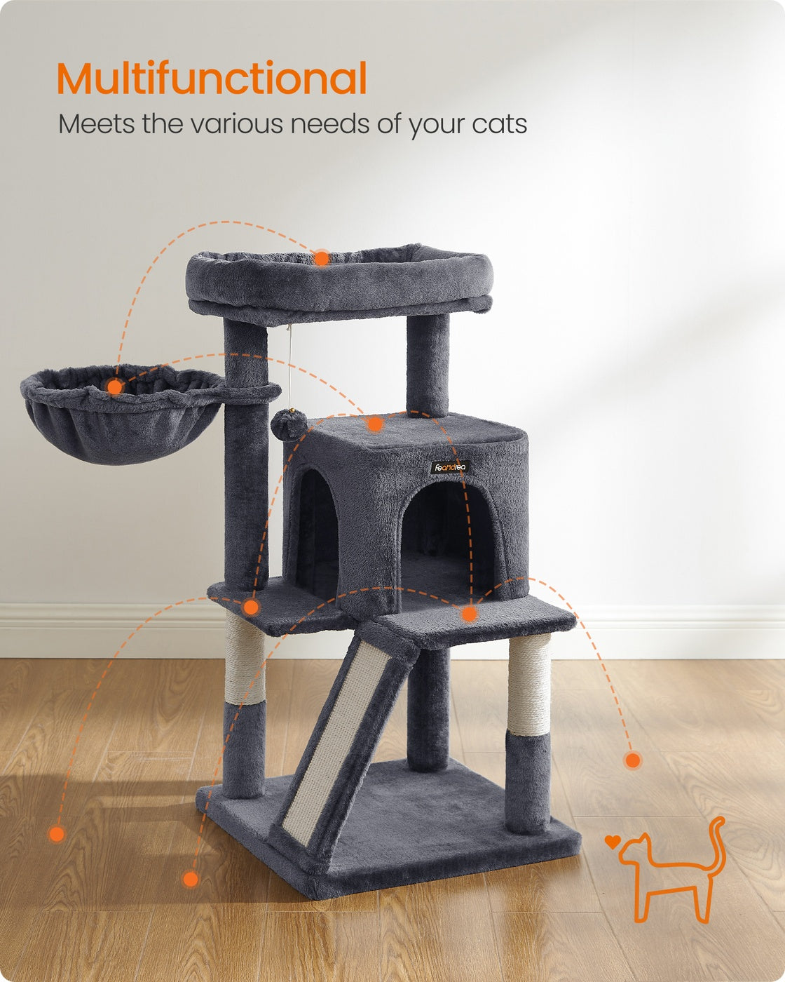 Small Cat Tower with Widened Perch for Large Cats Indoor - Smoky Gray