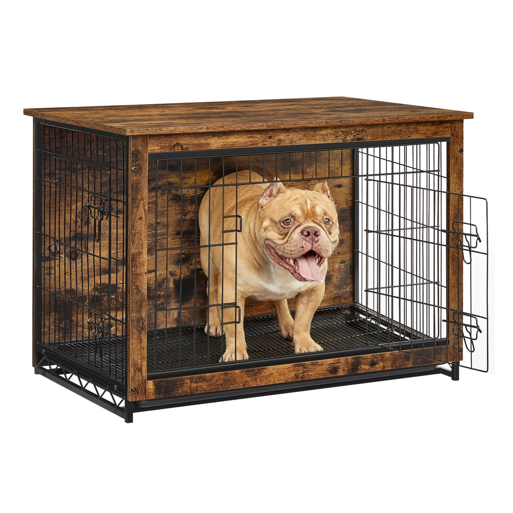 Modern Kennel for Dogs Indoor Up to 30 Lb - Rustic Brown, Black - 38.6”L x 25.6”W x 26.8”H