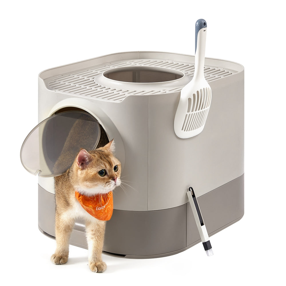 XL Enclosed Cat Litter Box with Slide-Out Tray - Oatmeal, Warm Gray