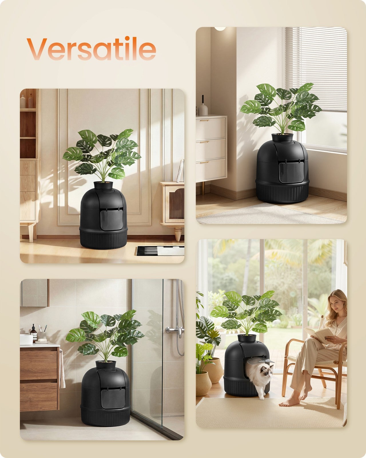 Plant Cat Litter Box Enclosure with Artificial Plant - Ink Black