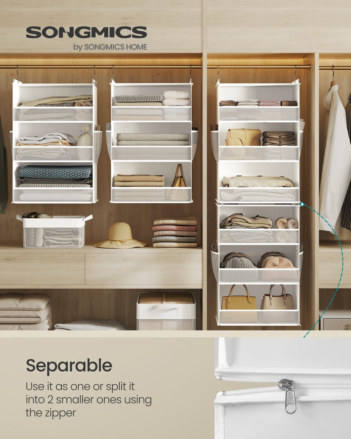 Hanging Closet Organizer - 6-Tier Fabric Shelf - Side Pockets