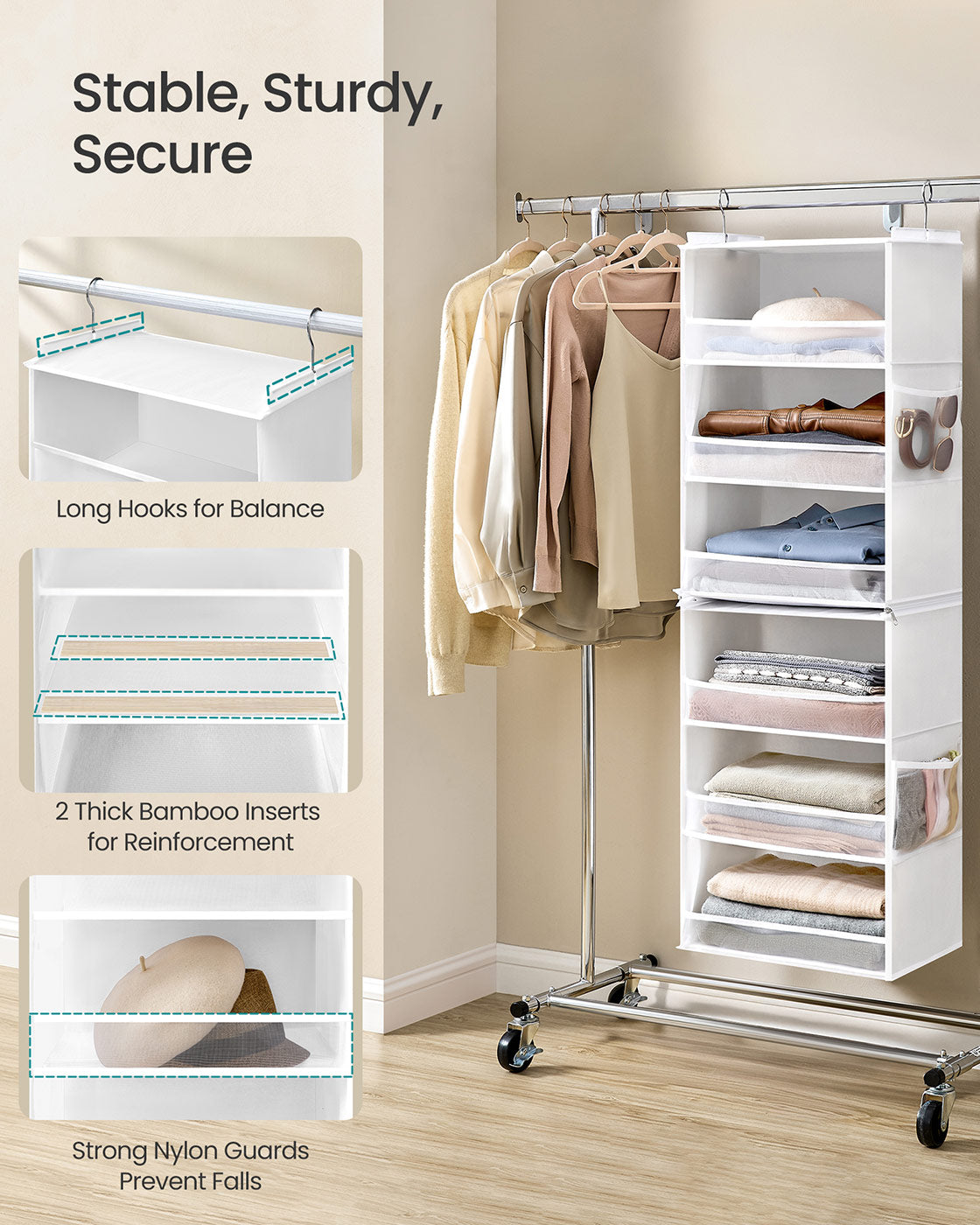 Hanging Closet Organizer - 6-Tier Fabric Shelf - Side Pockets