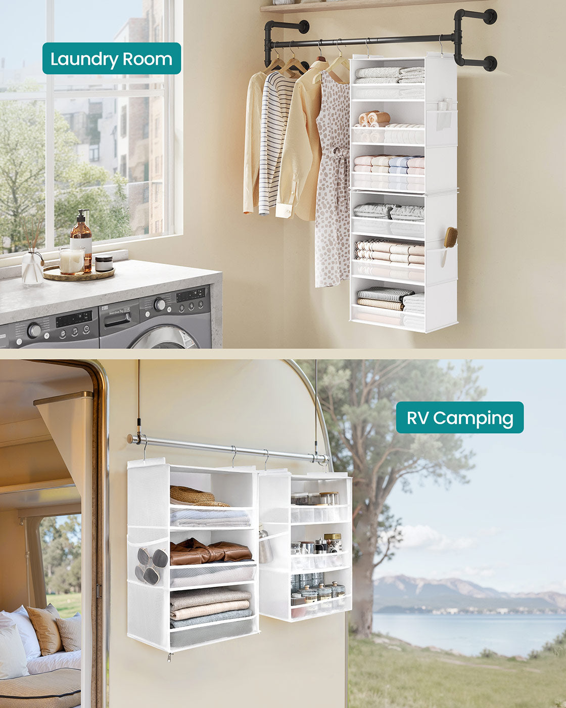 Hanging Closet Organizer - 6-Tier Fabric Shelf - Side Pockets