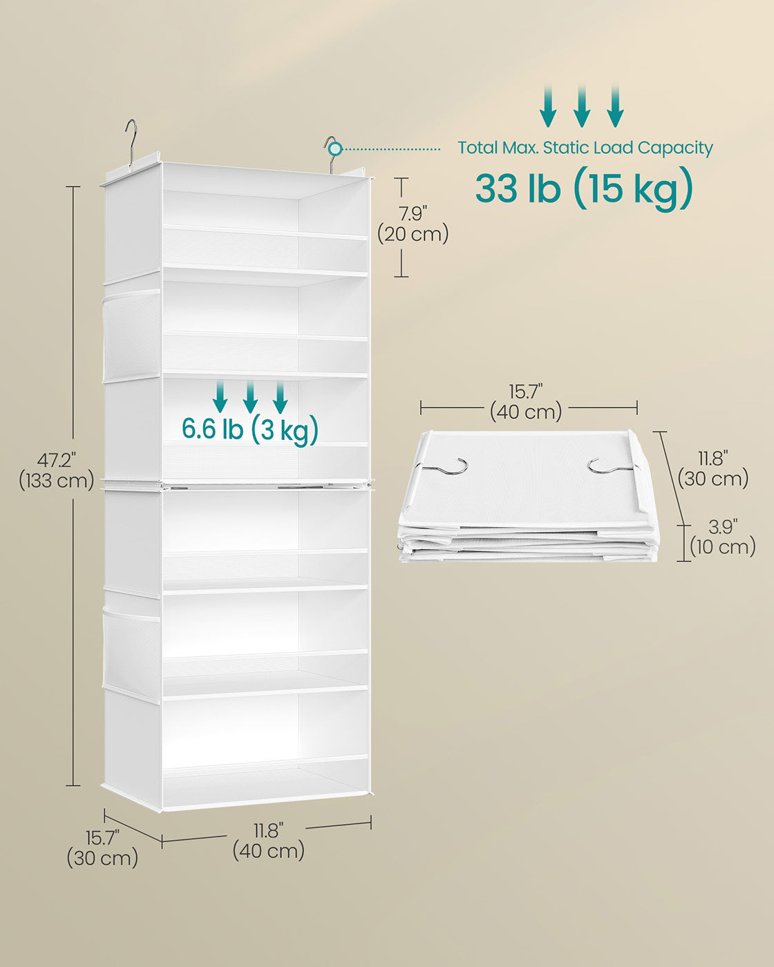 Hanging Closet Organizer - 6-Tier Fabric Shelf - Side Pockets