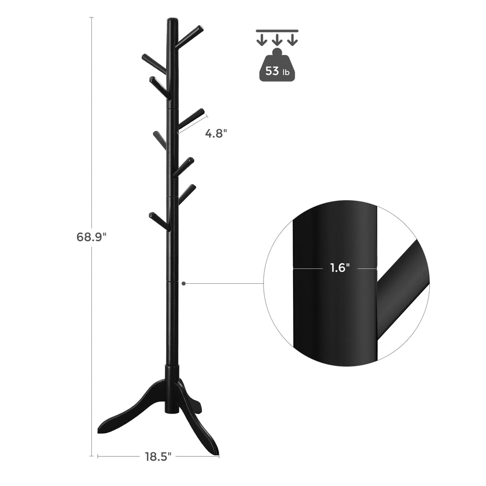 Solid Wood Coat Rack with 8 Hooks Ink Black - Ink Black