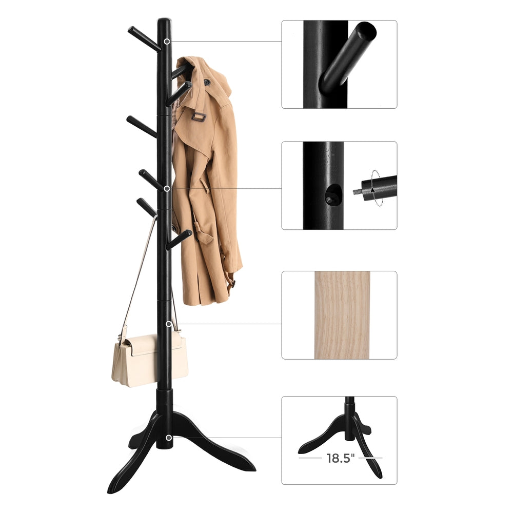 Solid Wood Coat Rack with 8 Hooks Ink Black - Ink Black