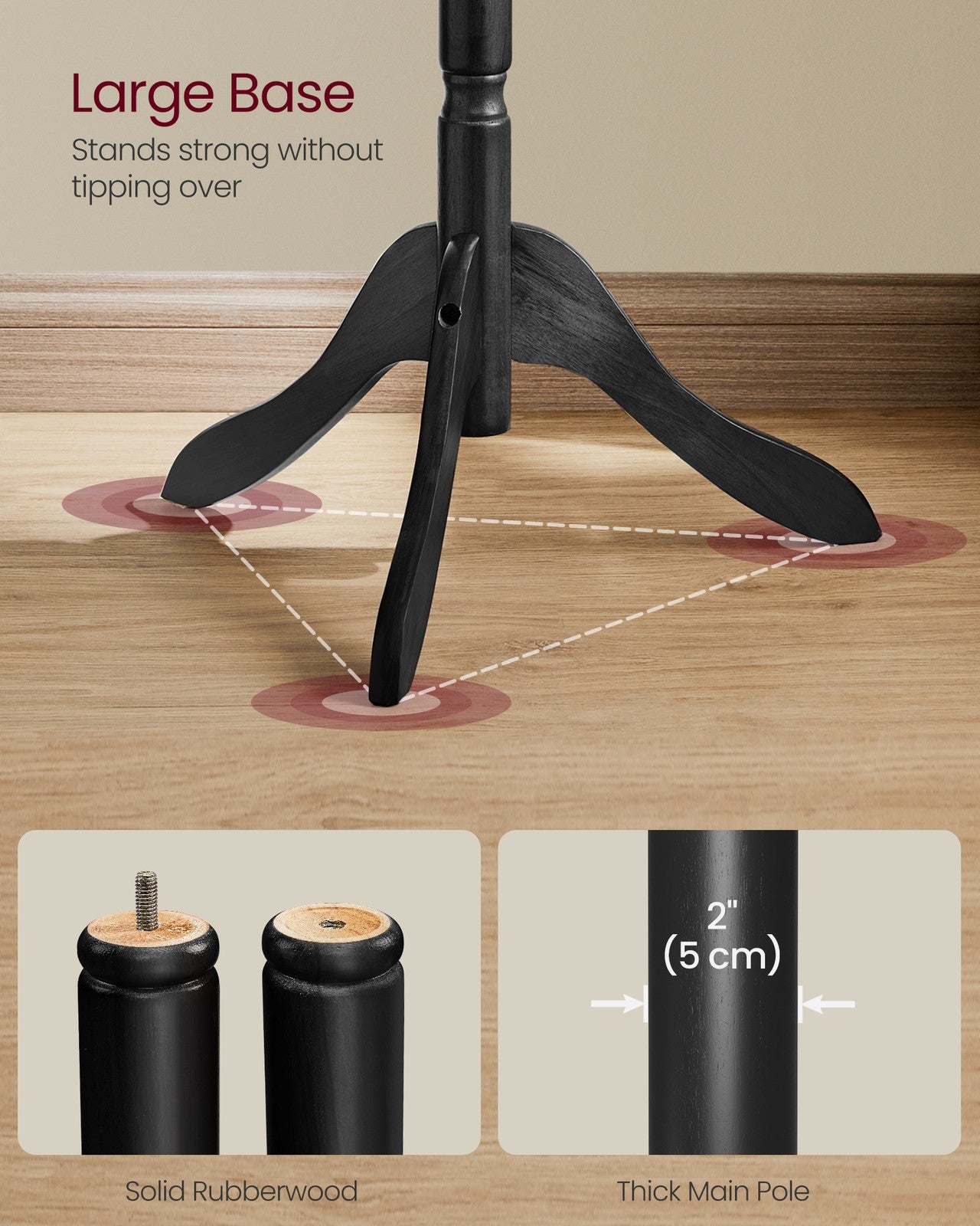 Solid Wood Coat Rack and Stand with 10 Hooks - Ink Black