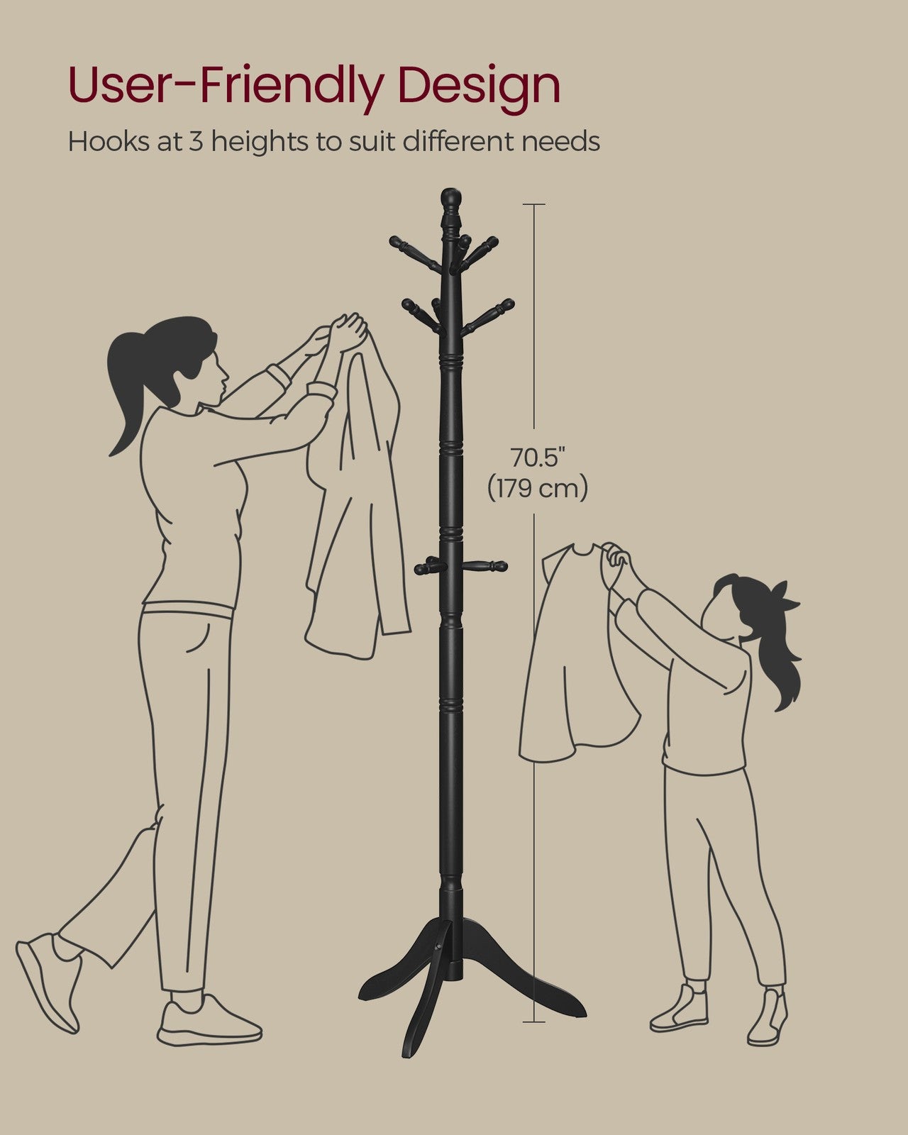 Solid Wood Coat Rack and Stand with 10 Hooks - Ink Black