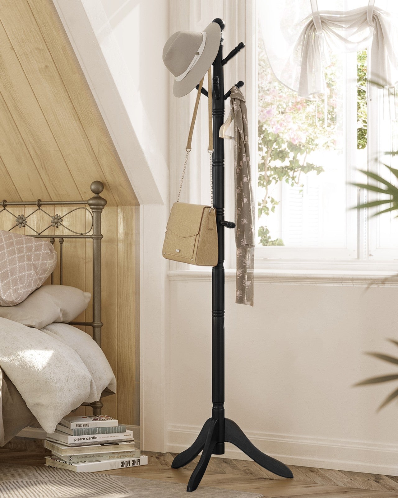 Solid Wood Coat Rack and Stand with 10 Hooks - Ink Black