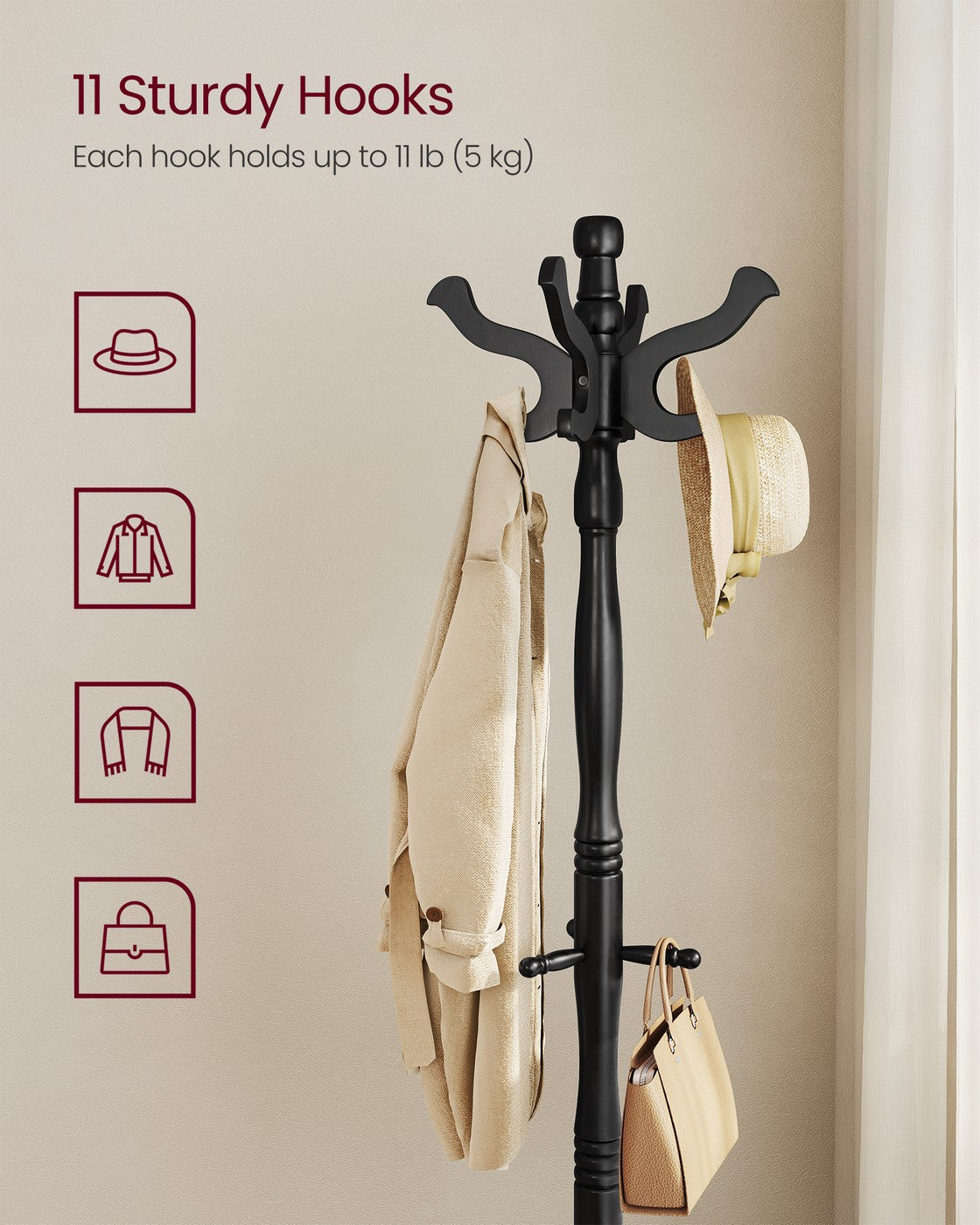 Coat Rack Free Standing with 11 Hooks - Ink Black