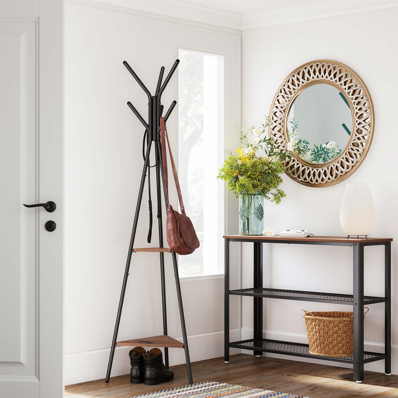 Coat Hanger Stand - Hall Tree with 2 Shelves - Hazelnut Brown, Black