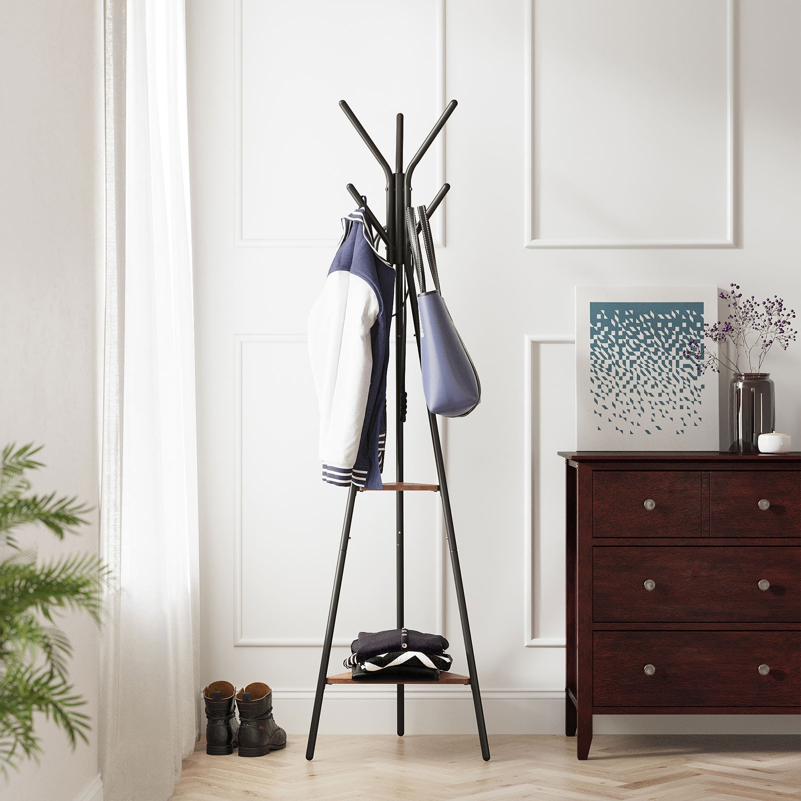 Coat Hanger Stand - Hall Tree with 2 Shelves - Hazelnut Brown, Black