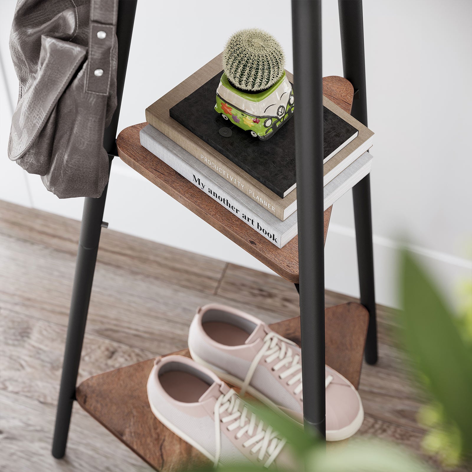 Coat Hanger Stand - Hall Tree with 2 Shelves - Hazelnut Brown, Black