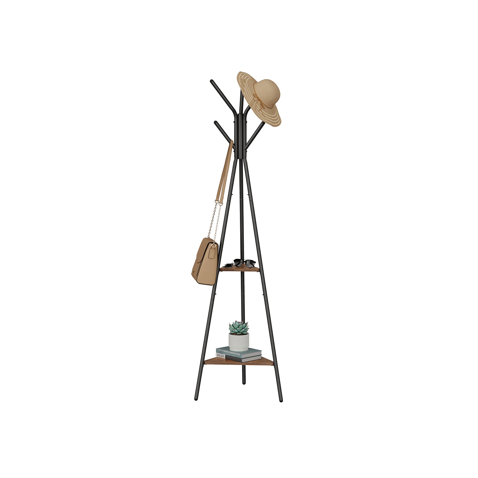 Coat Hanger Stand - Hall Tree with 2 Shelves - Hazelnut Brown, Black