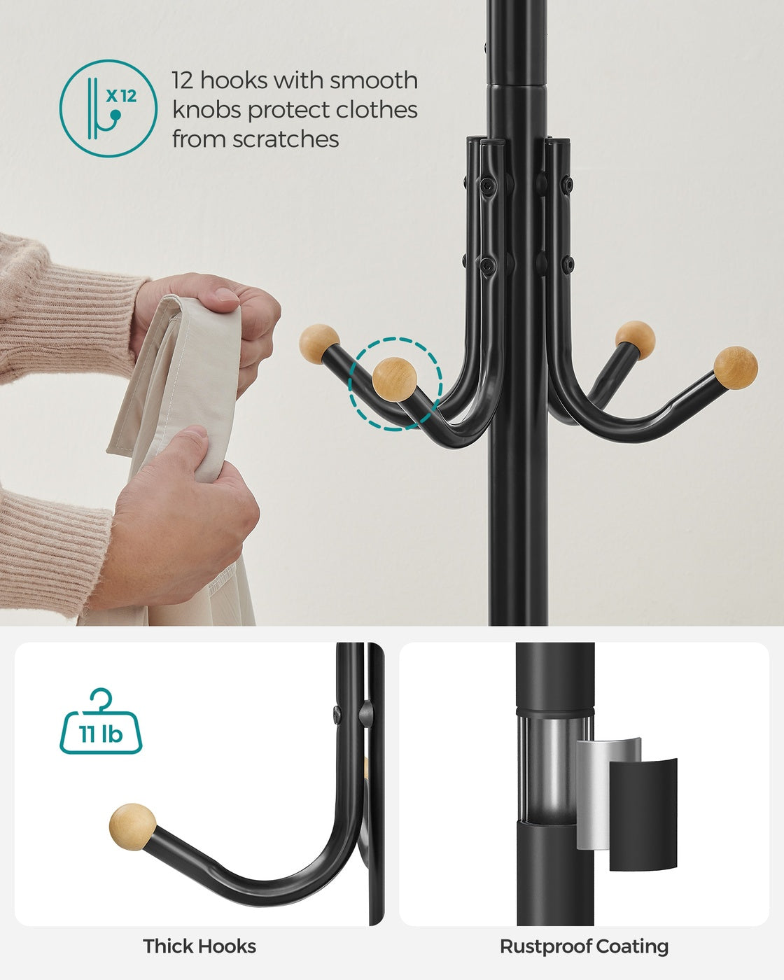 Coat Rack Freestanding with 12 Hooks and 4 Legs - Coffee Brown