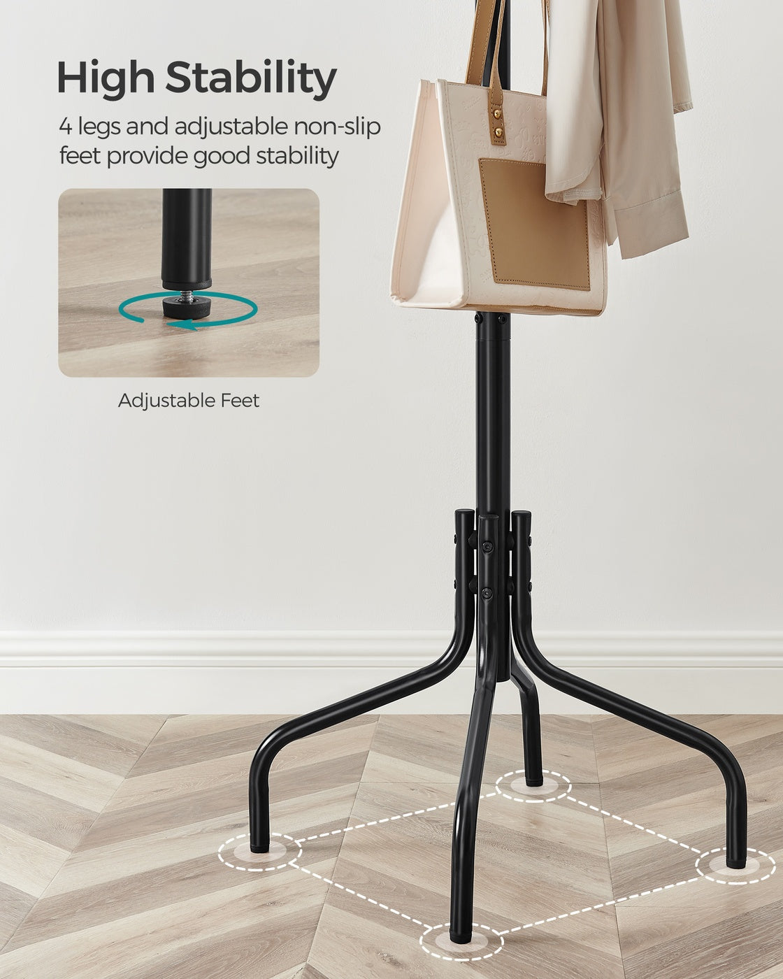 Coat Rack Freestanding with 12 Hooks and 4 Legs - Coffee Brown