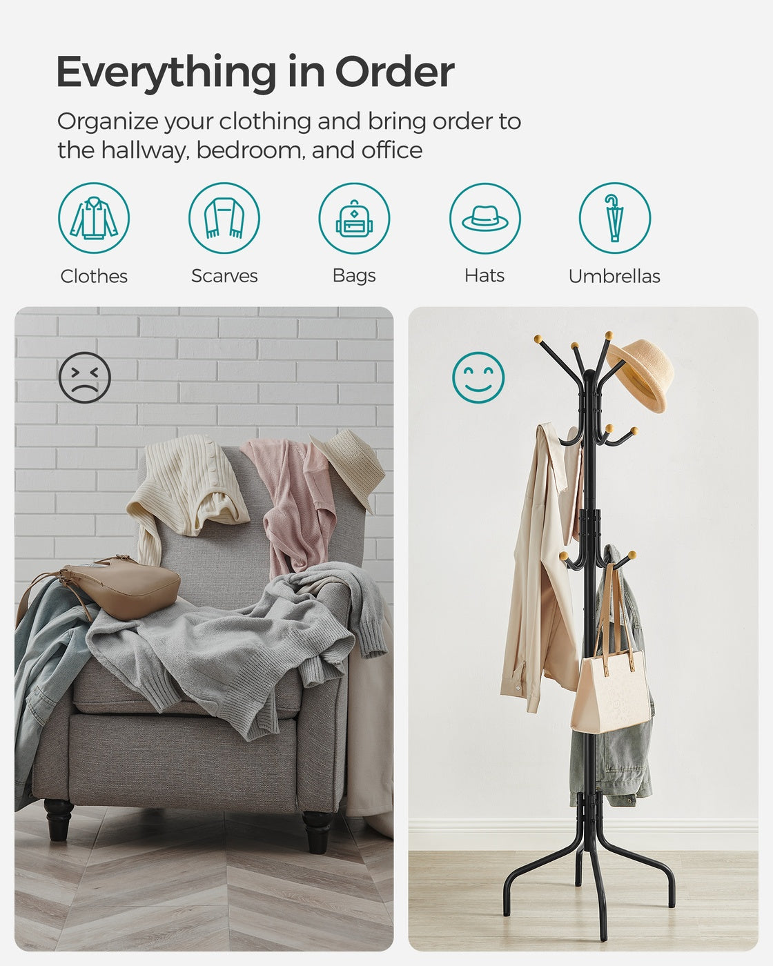 Coat Rack Freestanding with 12 Hooks and 4 Legs - Coffee Brown