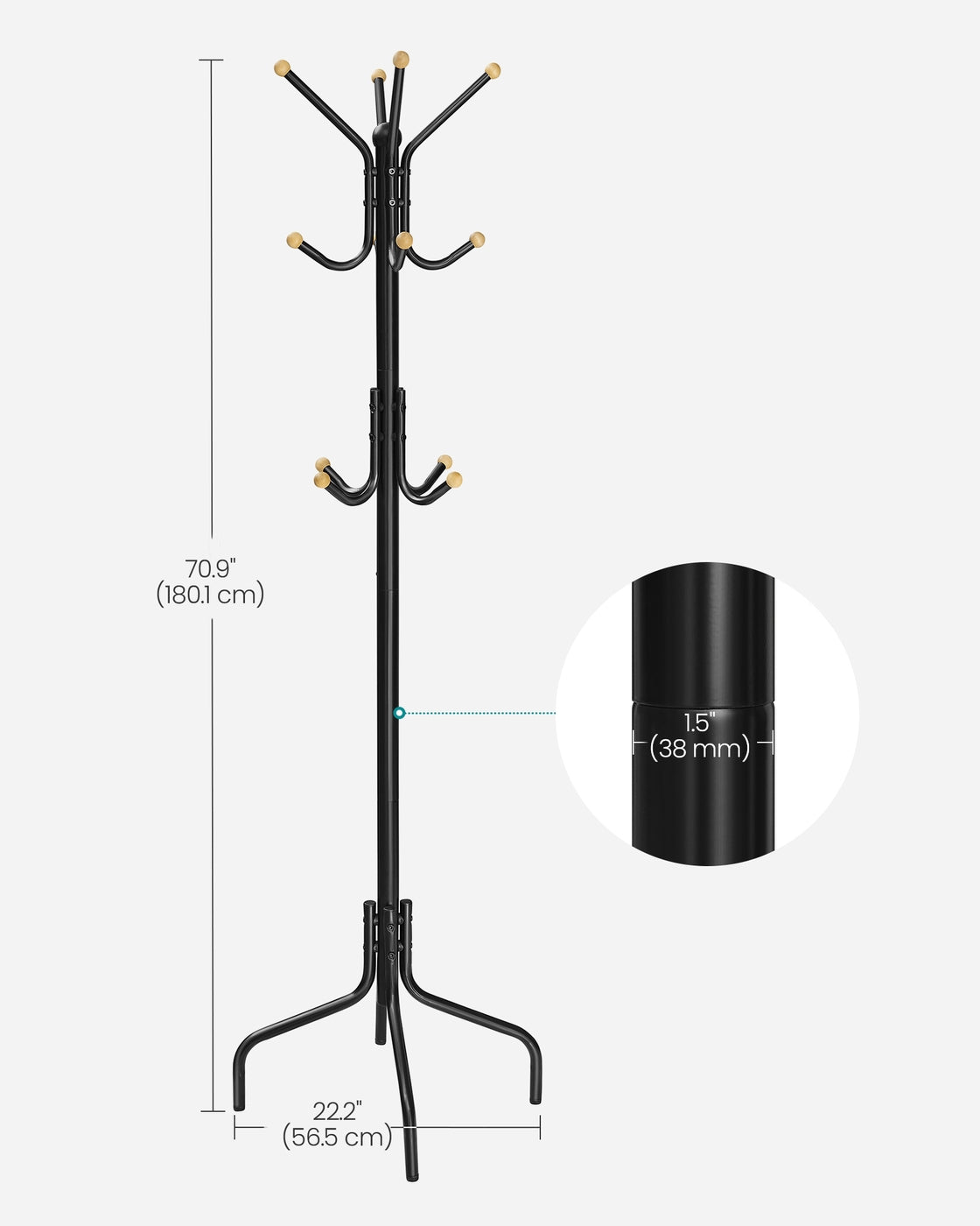 Coat Rack Freestanding with 12 Hooks and 4 Legs - Coffee Brown