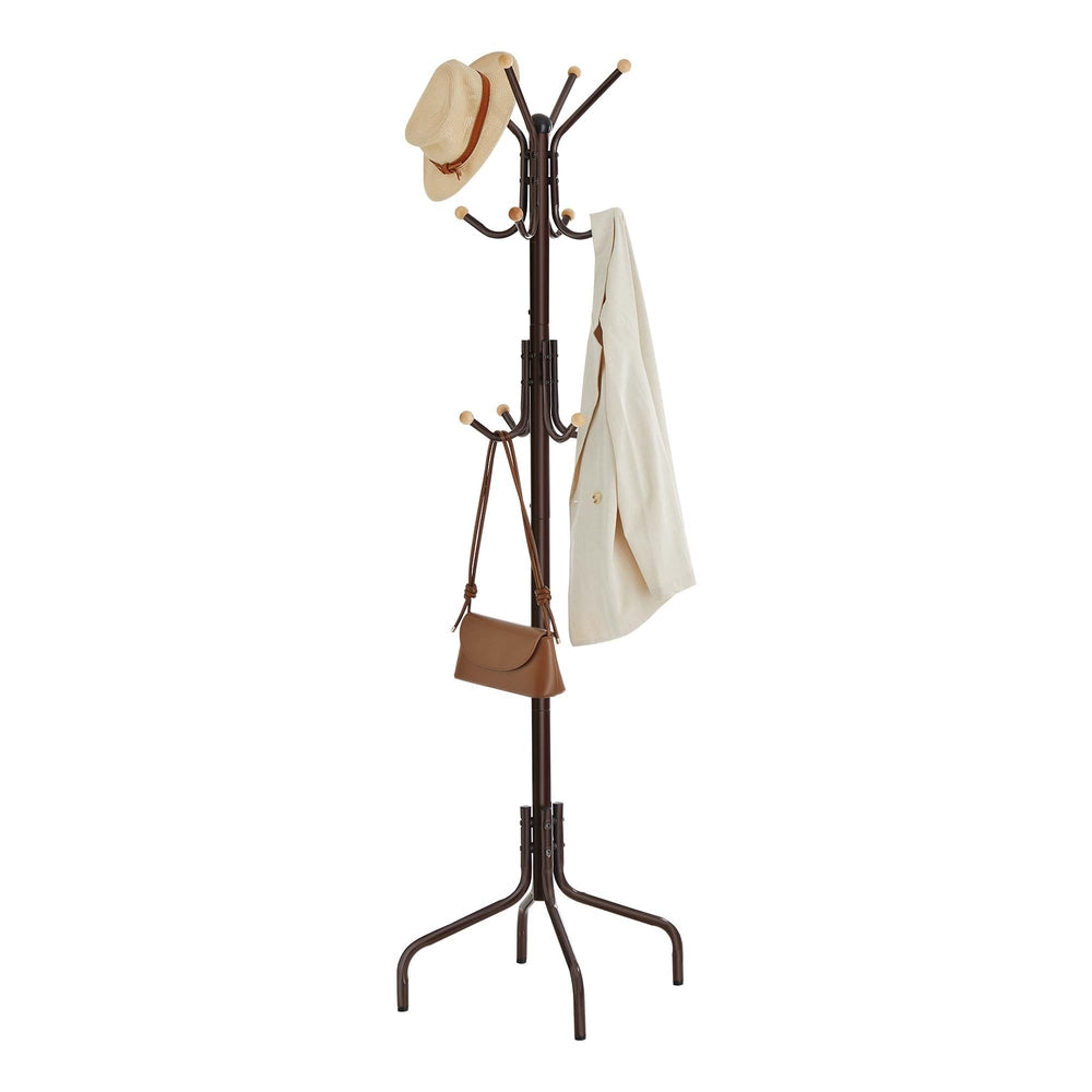 Coat Rack Freestanding with 12 Hooks and 4 Legs - Brown