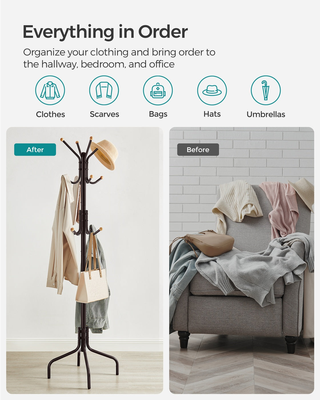 Coat Rack - Freestanding - 12 Hooks - 4-Leg Base