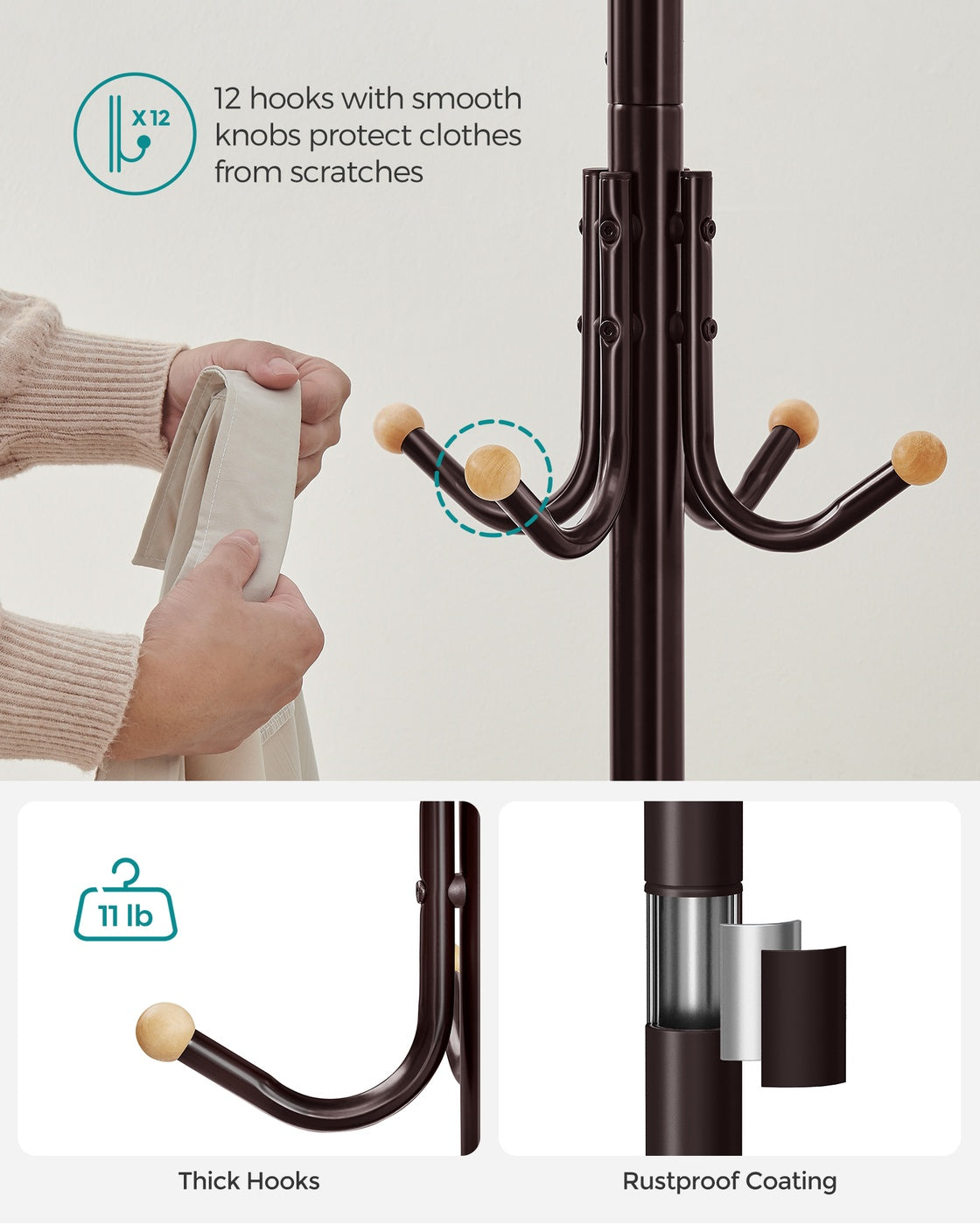 Coat Rack - Freestanding - 12 Hooks - 4-Leg Base