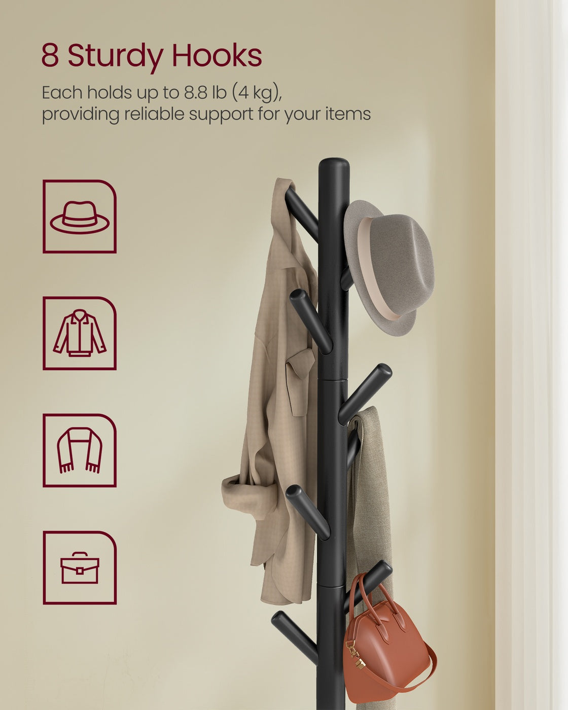 Free Standing Coat Stand with 8 Hooks and Storage Shelf Ink Black - 13.2""D x 13.2""W x 69.2""H