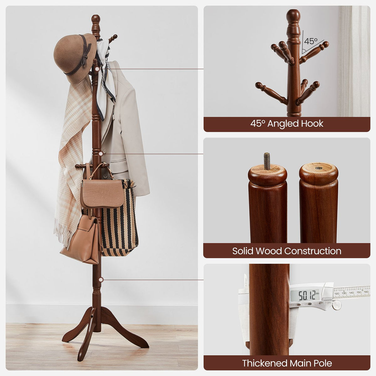 Solid Wood Coat Rack and Stand - 10 Hooks