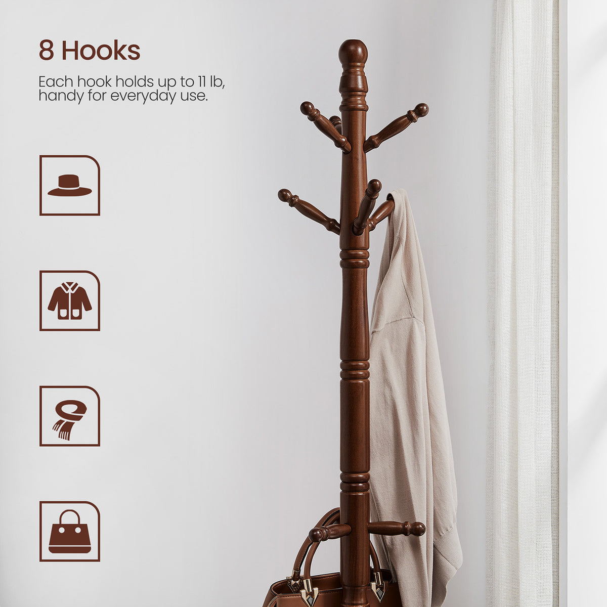 Solid Wood Coat Rack and Stand - 10 Hooks