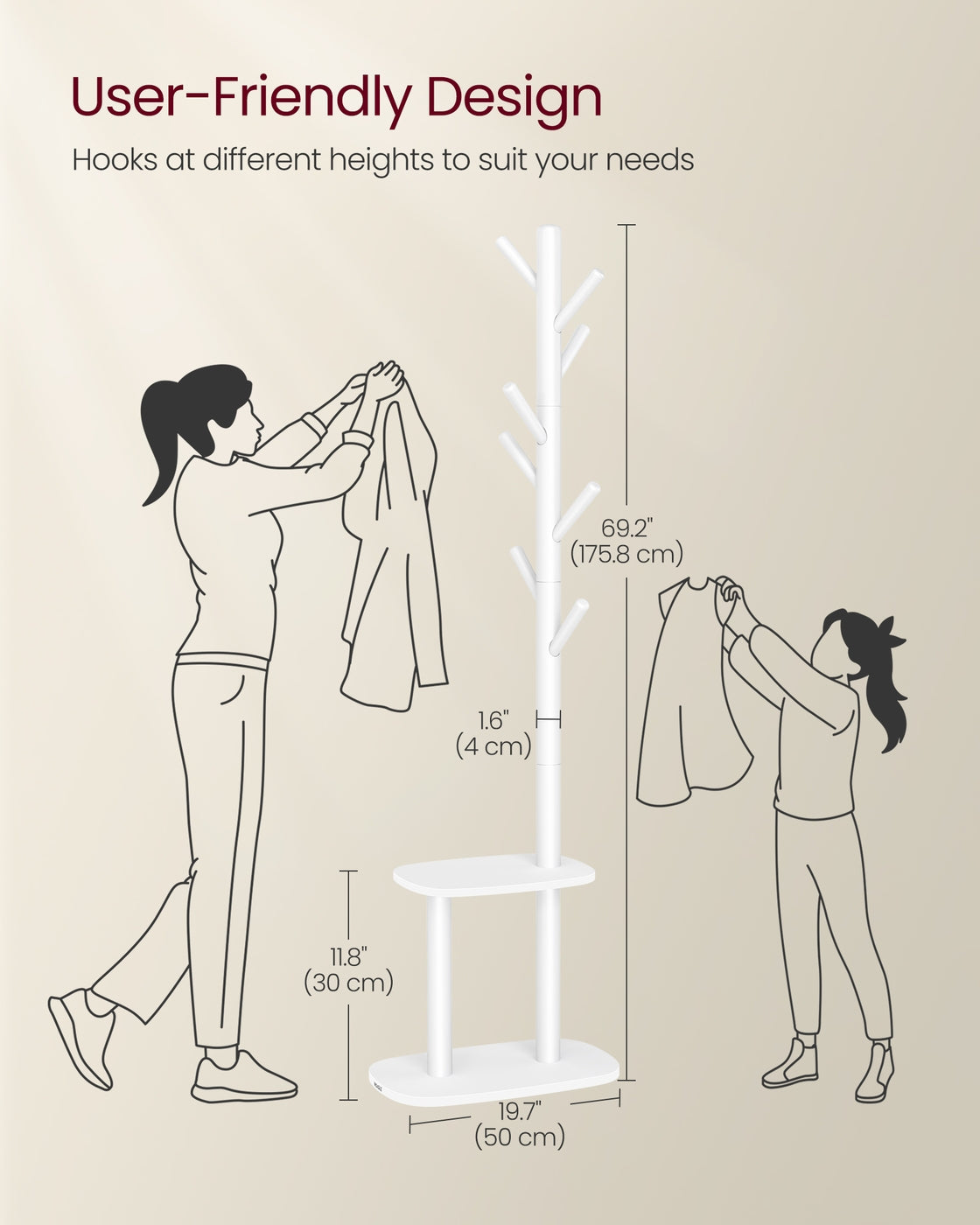 Hall Coat Tree - 8 Hooks - Storage Shelf - 67 Inch