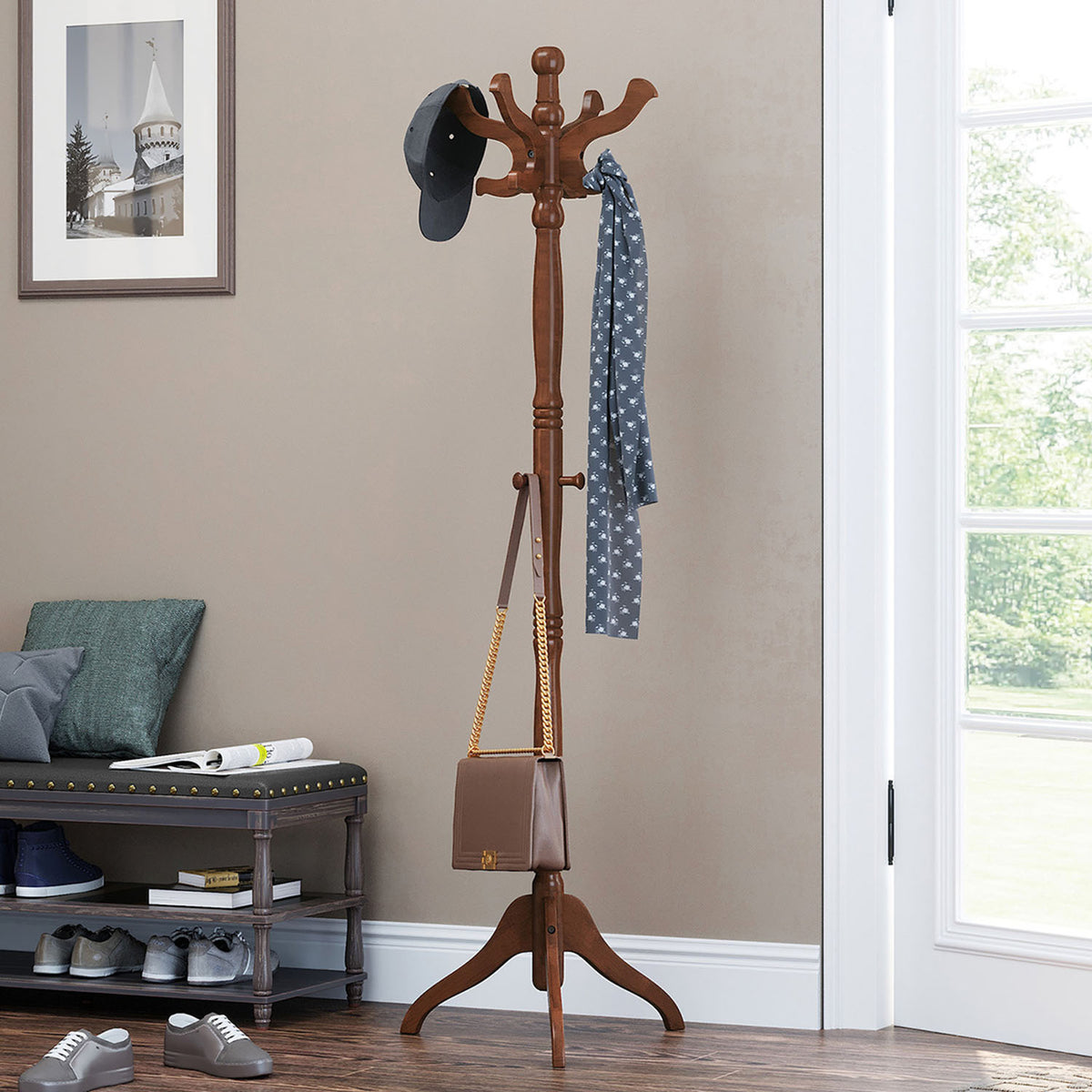 Coat Rack - Free Standing - 11 Hooks - Solid Rubberwood Base