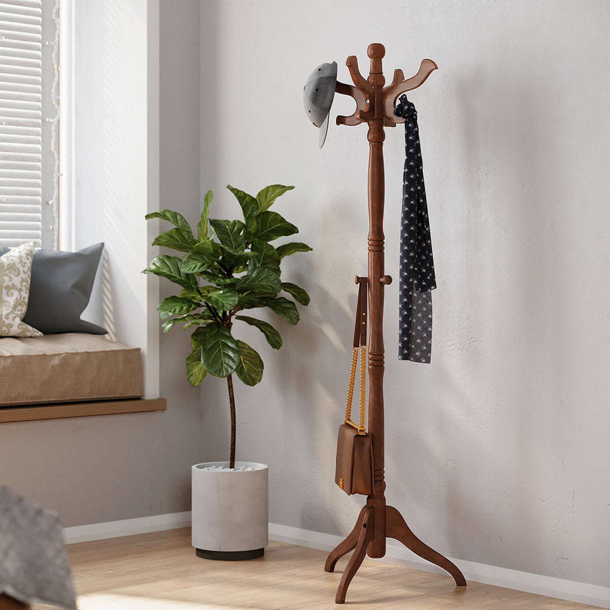 Coat Rack - Free Standing - 11 Hooks - Solid Rubberwood Base