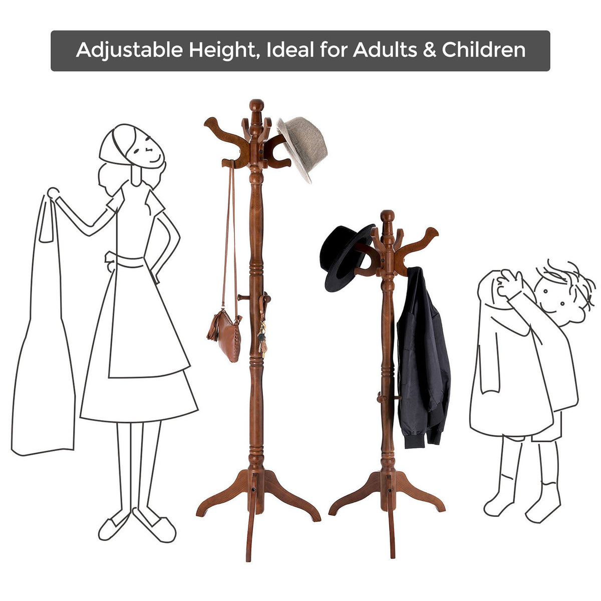 Coat Rack - Free Standing - 11 Hooks - Solid Rubberwood Base