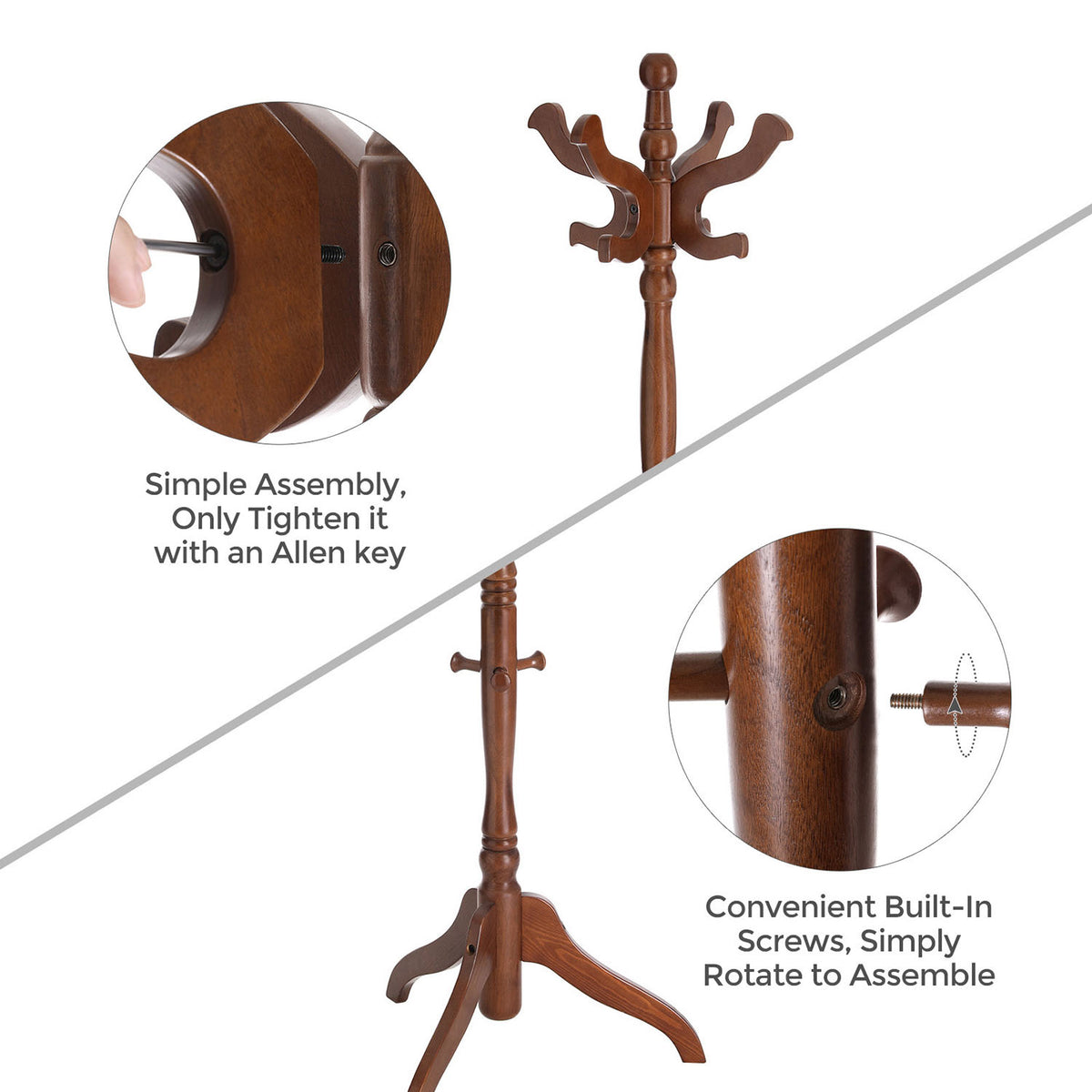 Coat Rack - Free Standing - 11 Hooks - Solid Rubberwood Base
