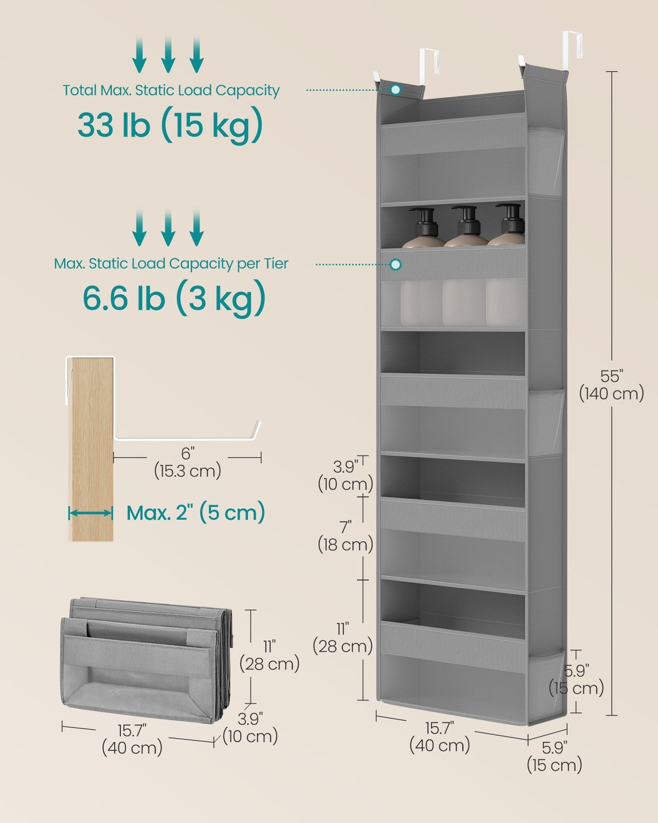 Set of 2 Hanging Door Organizers with 5 Large Pockets - Dove Gray