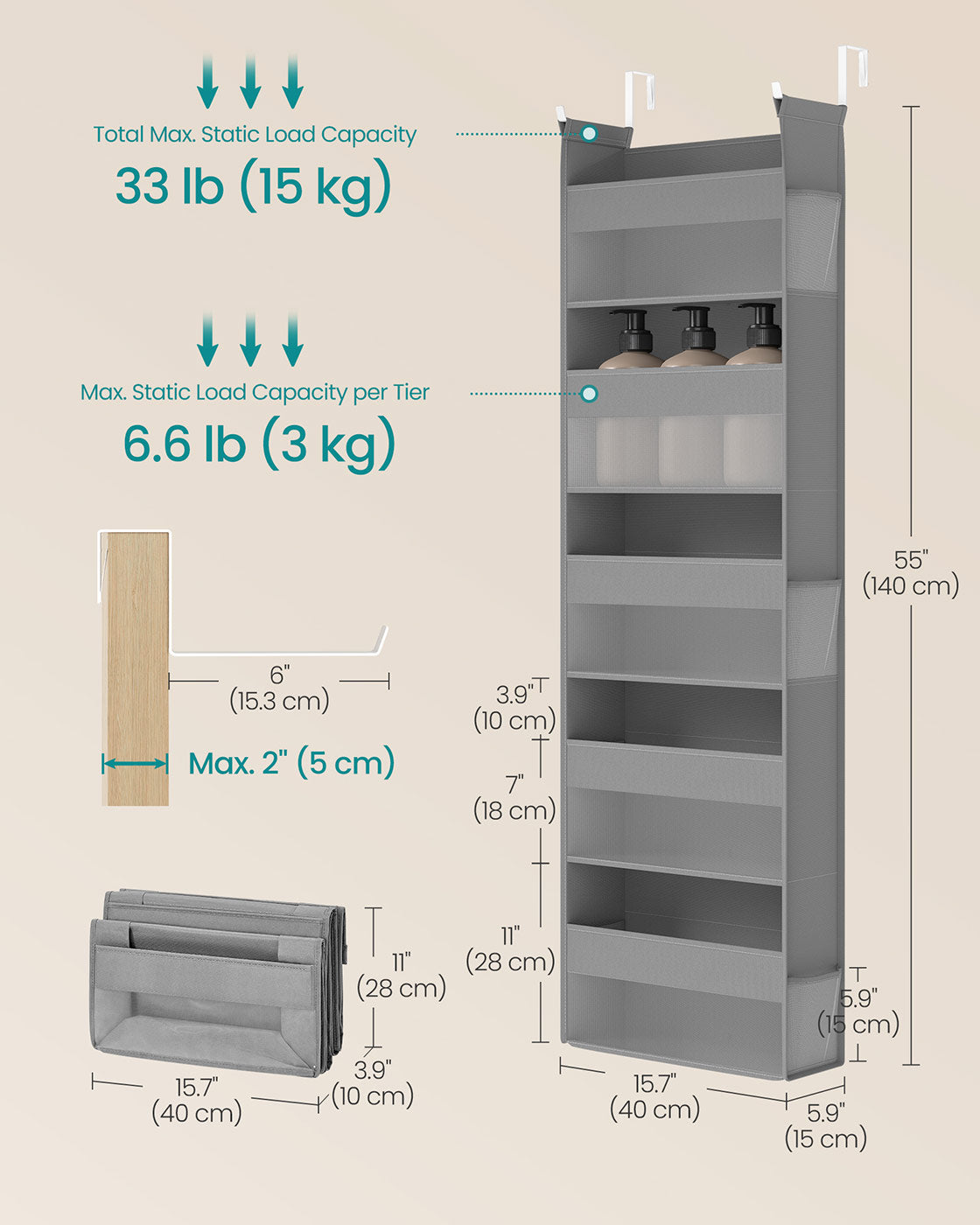 Set of 2 Hanging Door Organizers with 5 Large Pockets - Dove Gray