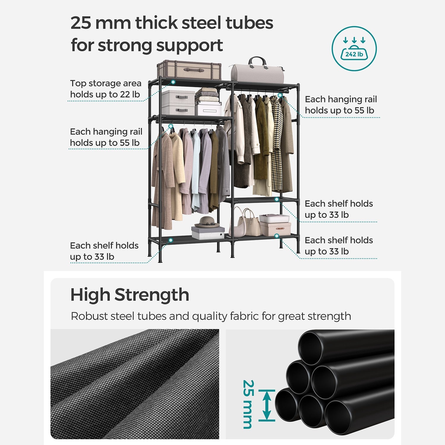 Heavy Duty Clothes Rack with Hanging Rails and Shelves