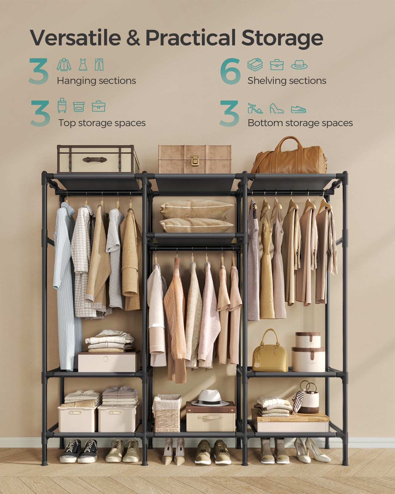 72 Inch Large Capacity Clothes Rack with Hanging Rails and Shelves