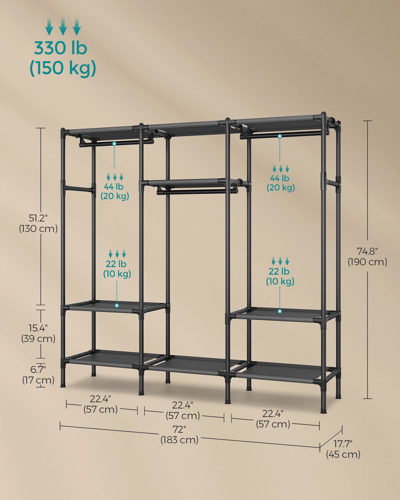 72 Inch Large Capacity Clothes Rack with Hanging Rails and Shelves
