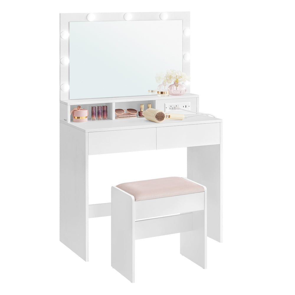 Vanity Desk with Power Outlets - Mirror and Lights - Cloud White