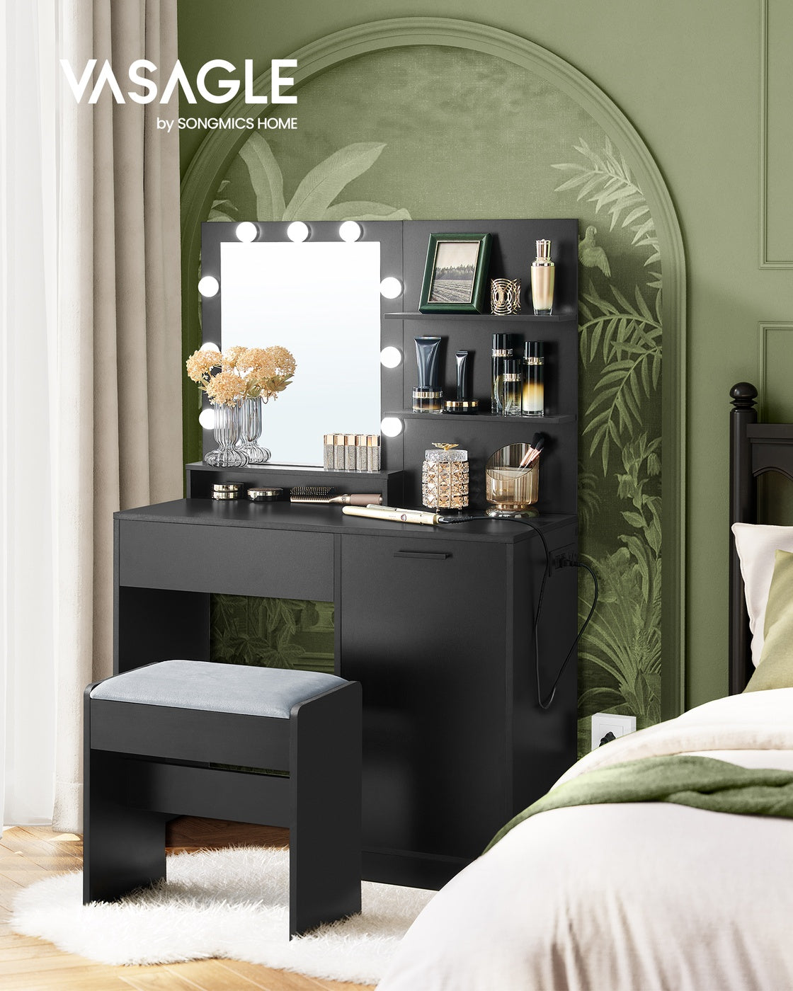 Vanity Desk with Mirror and Lights - Ink Black