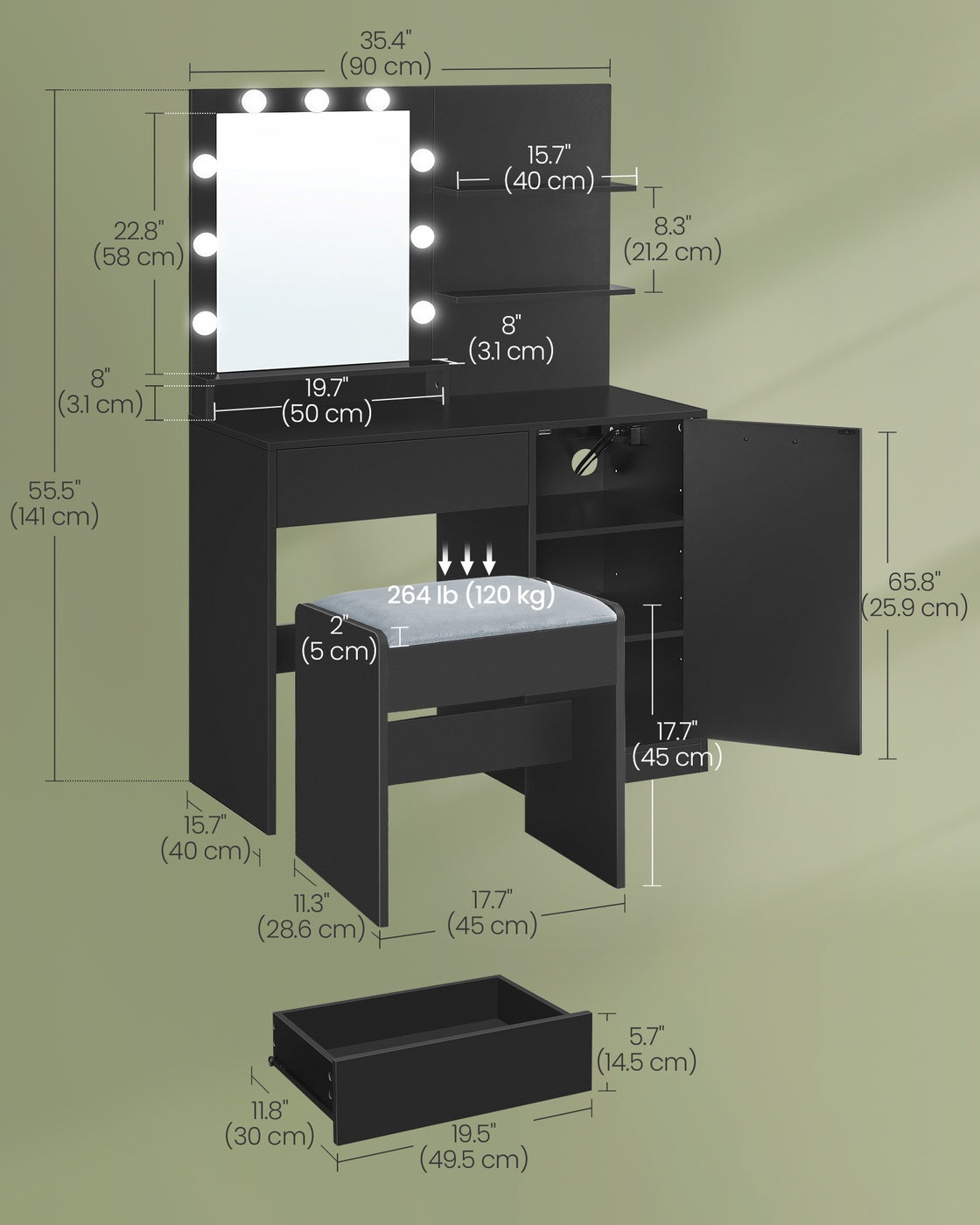 Vanity Desk with Mirror and Lights - Ink Black