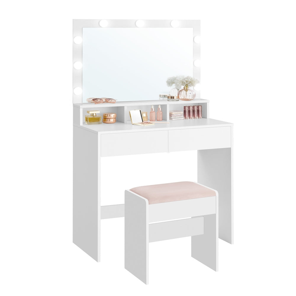 Vanity Desk with Power Outlets - Mirror and Lights - Cloud White (URDT129W01)