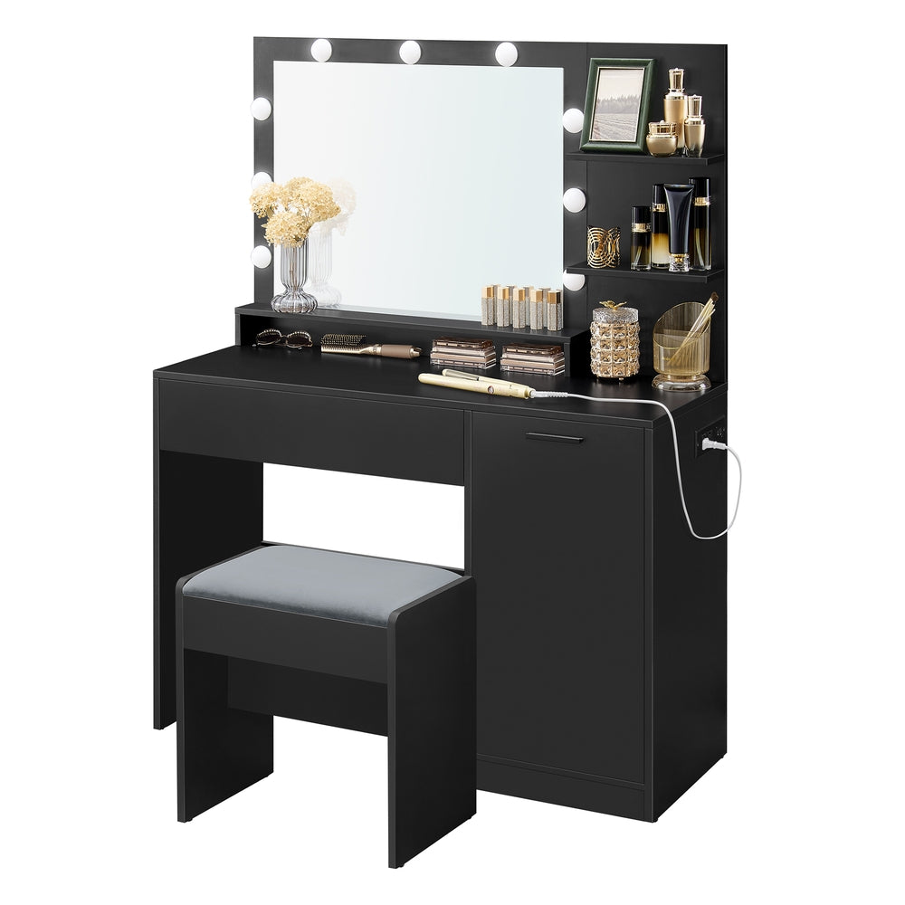Vanity Desk with Mirror and Lights - Black Wide Mirror