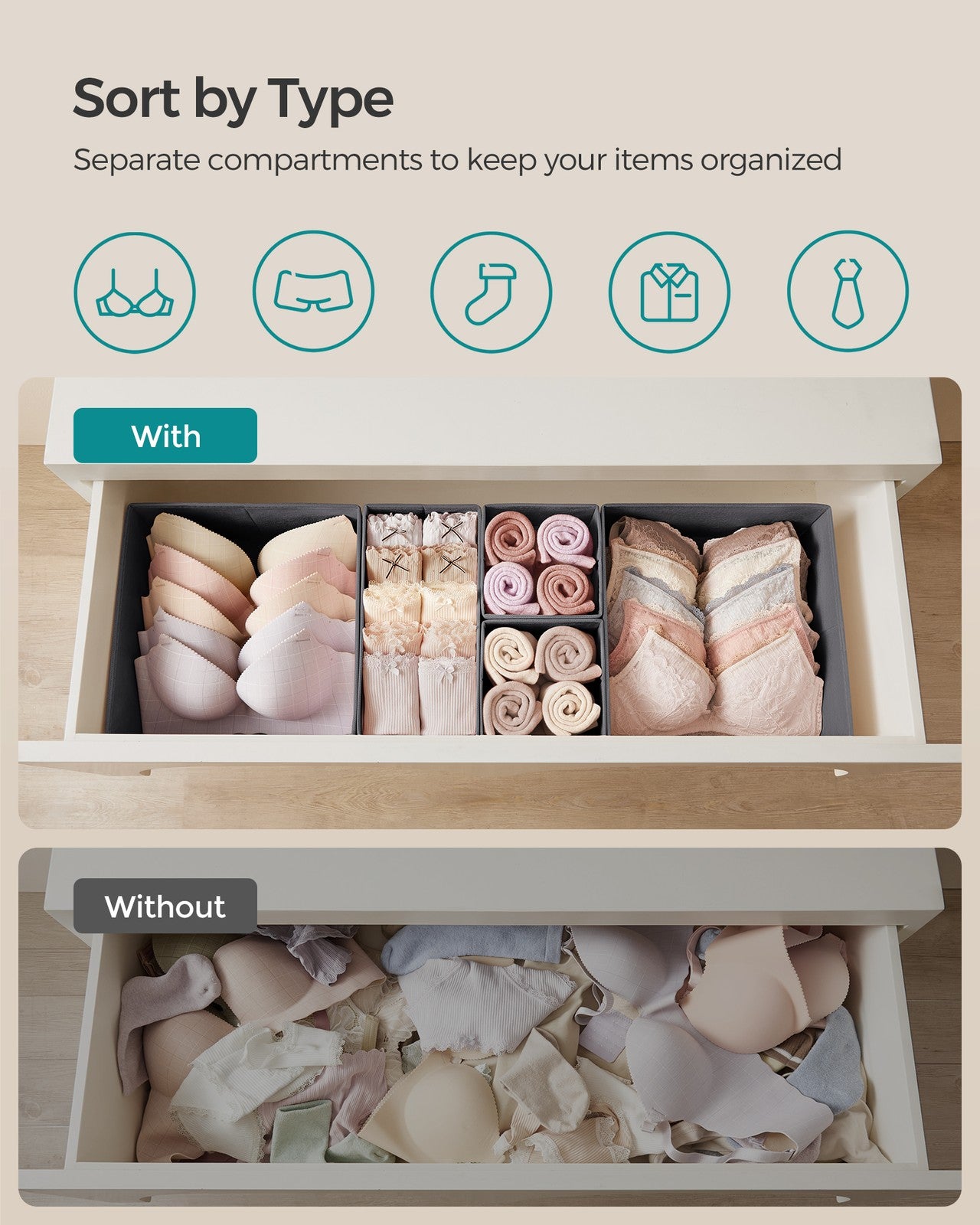 Drawer Divider Organizers - Foldable Fabric Bins - Set of 18
