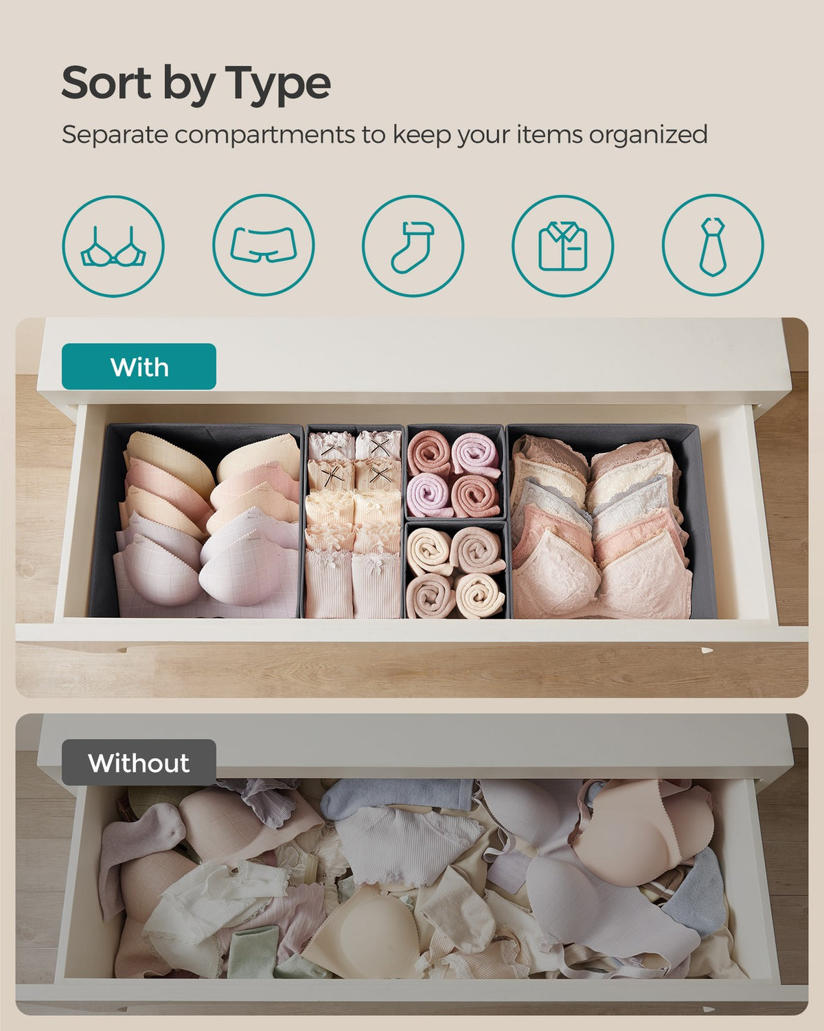 Drawer Divider Organizers - Foldable Fabric Bins - Set of 18